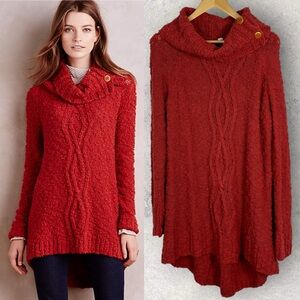 Anthropologie Moth Cable Knit Turtleneck Sweater Red Womens Size Large Long Boho